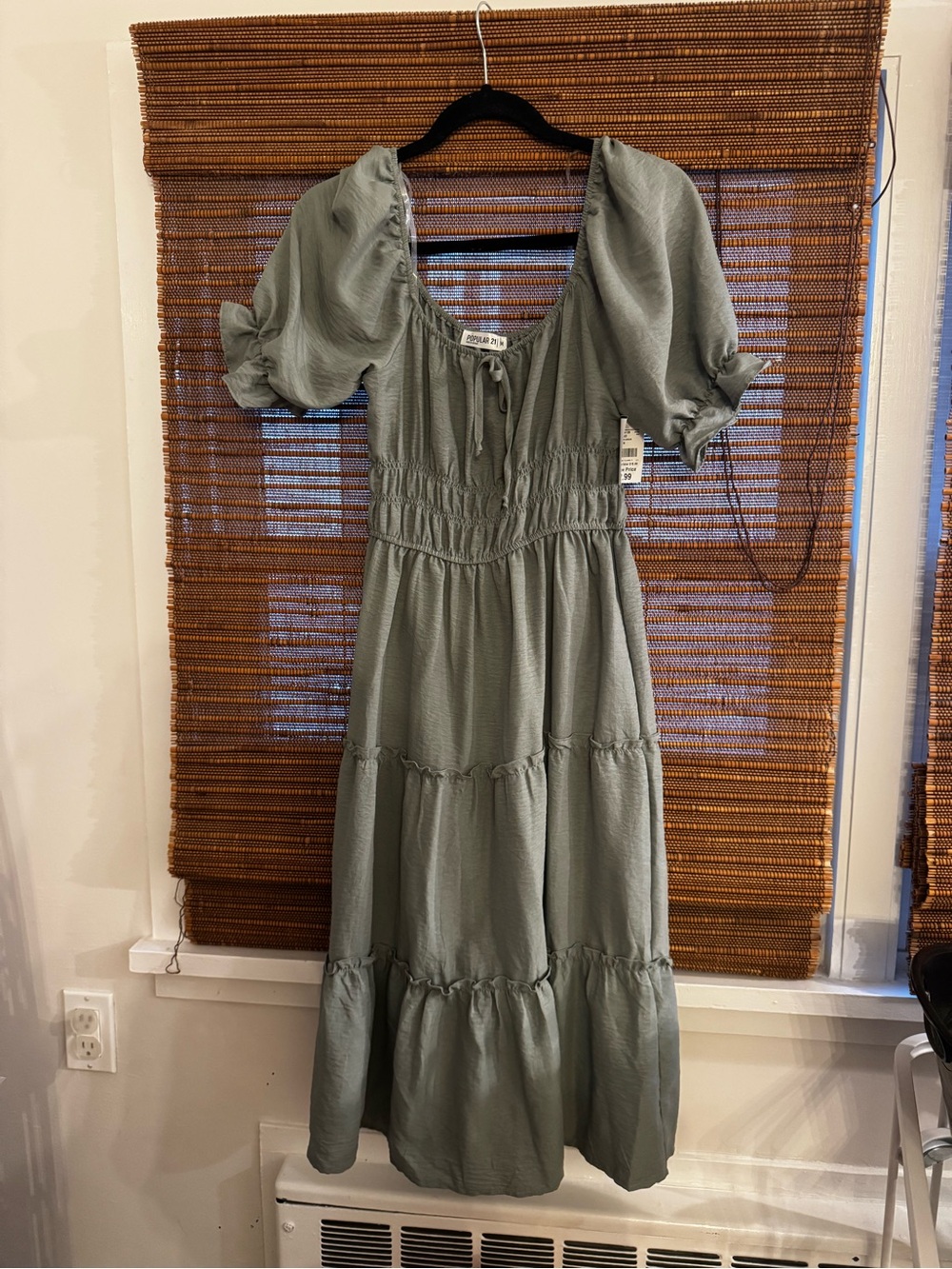 Smocked Puff-Sleeve Midi Dress in Sage Green - Picture 1 of 5